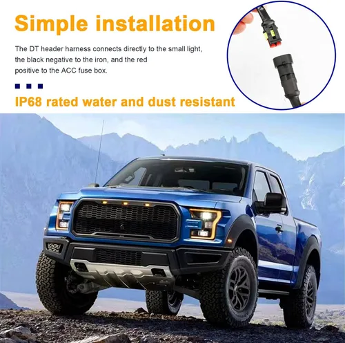 Miniatura 5 de Dickno 3 piezas de luces de rejilla de coche, brillantes luces LED de rejilla ámbar con arnés de cableado, lámparas impermeables de moldura