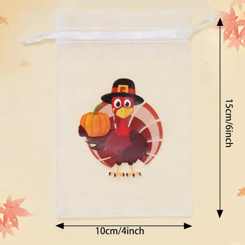 Miniatura 2 de Whaline 48 bolsas de organza de otoño con cordón de pavo, calabaza, espantapájaros, palabras, bolsas de regalo, bolsa de regalo de joyería, bolsa