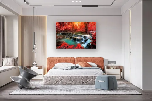 Miniatura 4 de Muolunna BK03969 - Lienzo decorativo para pared, diseño de cascadas de bosque rojo, 1 pieza, árbol de paisaje moderno para sala de estar