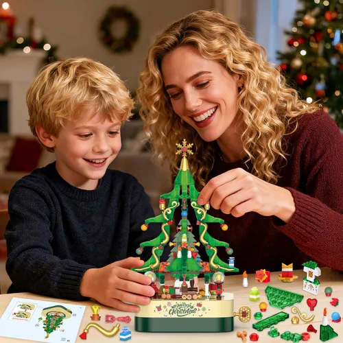 Miniatura 3 de Shemira Juego de 594 piezas de bloques de construcción de árbol de Navidad, caja de música giratoria de Navidad, juegos de construcción de juguetes