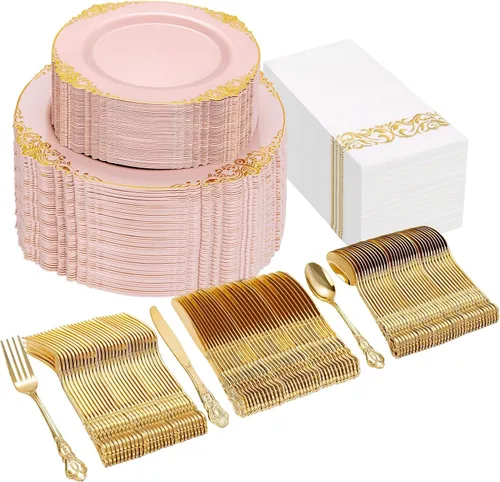 Miniatura 17 de Ciaell 350 platos de plástico rosa, platos desechables de color rosa y dorado, incluyen 50 platos desechables, 150 cubiertos resistentes, 50 tazas