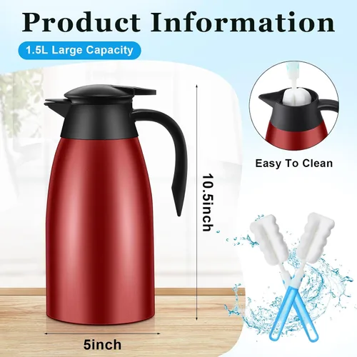 Miniatura 2 de 2 jarras térmicas de café de 51 onzas para mantener el calor aislado al vacío de acero inoxidable al vacío, jarra de café al vacío de doble pared