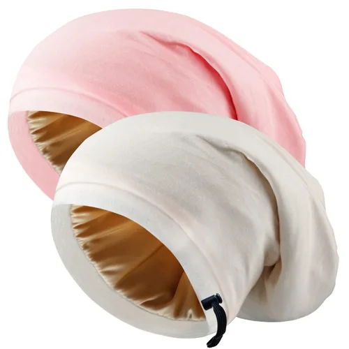 Gorro de Satén de Seda Envolvente para el Cabello para Dormir, 2 Piezas Gorros de Seda Ajustables para Mujeres y Hombres, Gorras de Noche Rosa y