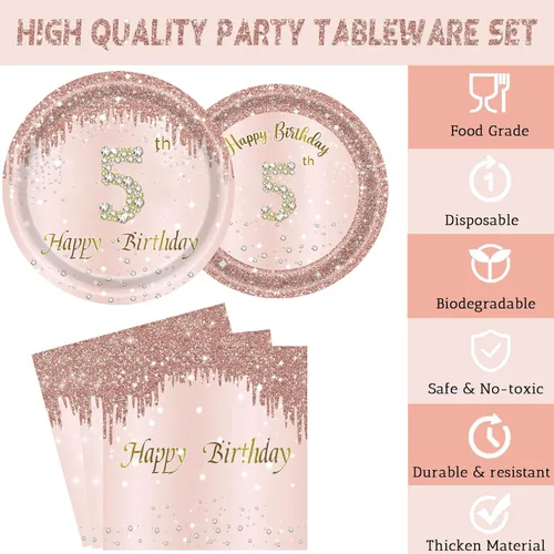 Miniatura 3 de 24 juegos de decoración de fiesta de oro rosa para niñas de 5 años, 5 platos de cumpleaños y tenedores con servilletas, suministros de fiesta