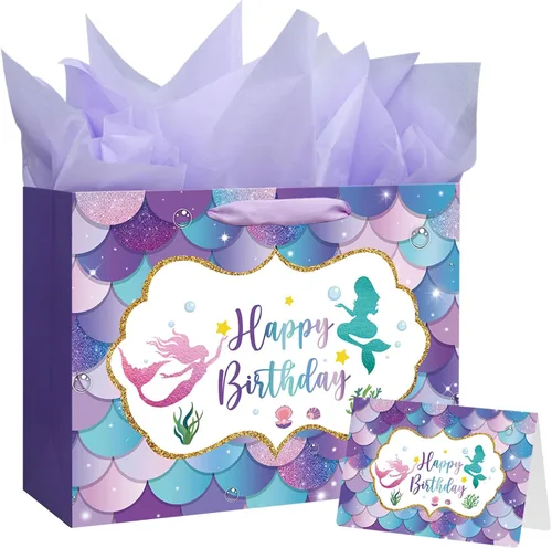 Laidans Bolsa grande de regalo de cumpleaños de sirena de 13 pulgadas con asa, papel de seda y tarjeta para niños y niñas (13 pulgadas morado)
