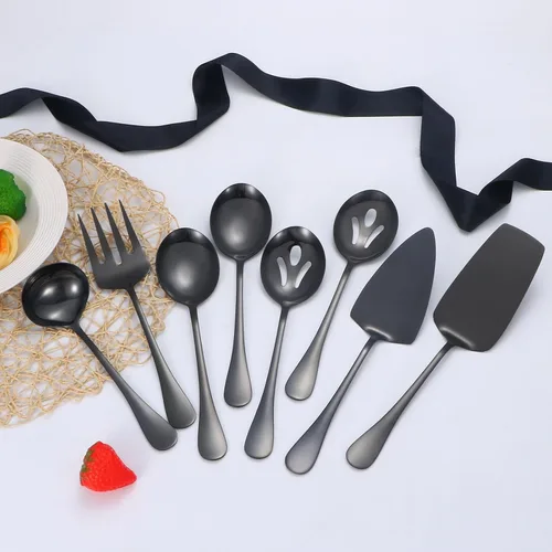 Miniatura 6 de Utensilios negros para servir, juego de 8 utensilios de acero inoxidable para servir, incluye cucharas de servir, tenedor de servir, cucharón