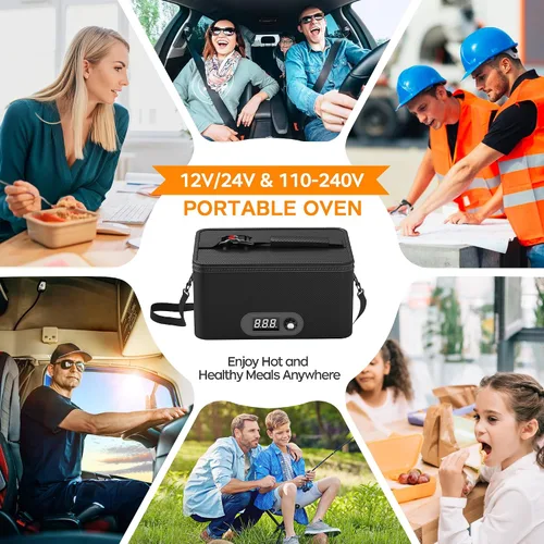 Miniatura 6 de Horno portátil, calentador de alimentos portátil de 12 V 24 V 110 V-240 V para automóvil, horno portátil personal, mini lonchera eléctrica para Negro
