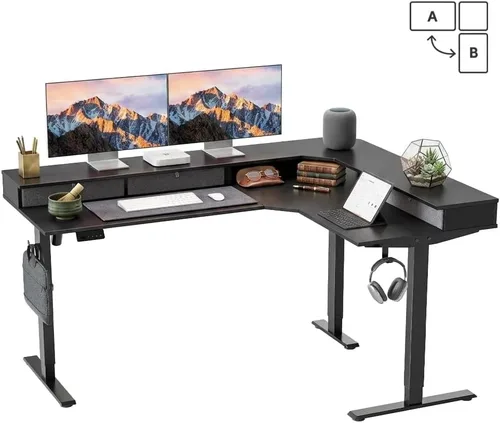 Miniatura 10 de CubiCubi 63x48 Inches L Shaped Standing Desk with 3 Drawers and Monitor Shelf, Height Adjustable Corner Computer Desk with Hooks, Sit Stand Up