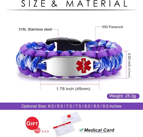 Miniatura 73 de Pulsera de alerta médica Paracord para hombres y mujeres Pulsera de identificación médica de acero inoxidable con hebillas de liberación lateral