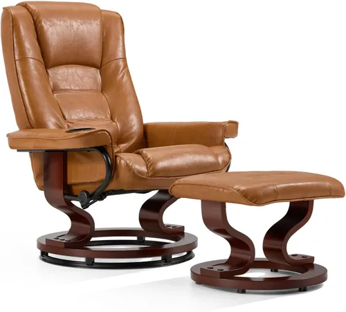 Miniatura 8 de AVAWING Silla reclinable con masaje por vibración, reclinable, de piel sintética, con otomana, giratoria, de madera, para sala de estar, color beige