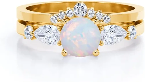 Miniatura 2 de Opal Ring Set Opal Engagement Rings for Women 10K 14K 18K Gold Opal Wedding Ring Set Bridal Sets Opal Anniversary Ring Promise Ring For Her Free