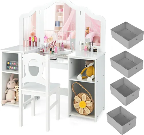 INFANS - Juego de tocador para niños, 2 en 1 Escritorio y silla de maquillaje princesa con 4 cajones, espejo desmontable plegable, estantes de