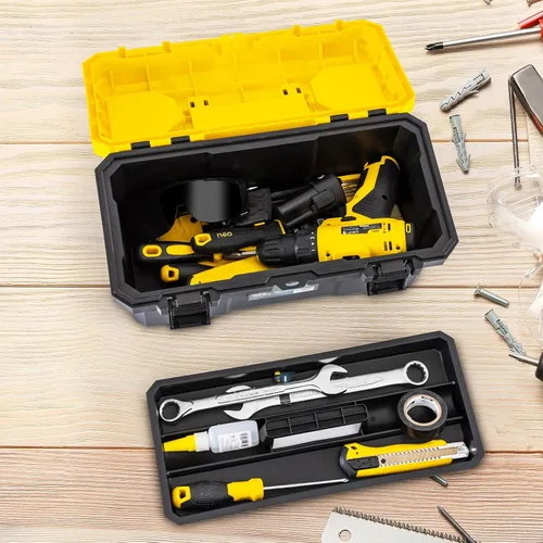 Miniatura 5 de Caja de herramientas de 16 pulgadas con cerradura, organizador resistente de 2 capas con bandeja extraíble, tapa abatible para piezas pequeñas
