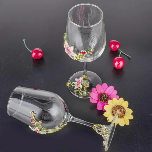 Miniatura 3 de Simcat Copa de Vino de Esmalte Pintada a Mano con Flores, Vaso Transparente Refinado, Tallo para Cabernet, Regalos