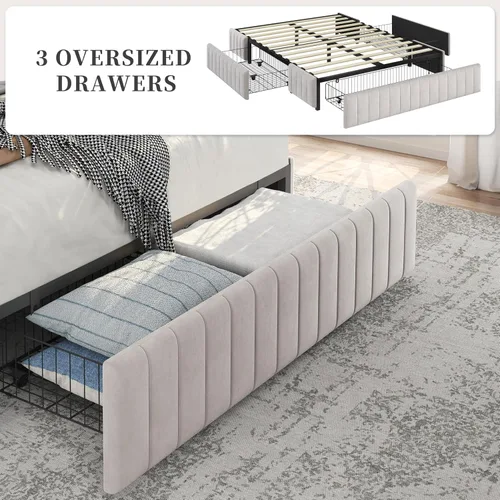 Miniatura 8 de Yaheetech Bastidor de cama completo con plataforma tapizada con 3 cajones de almacenamiento, gran espacio de almacenamiento/Listones de madera