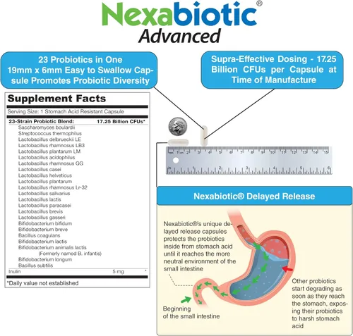 Miniatura 4 de Suplemento Nexabiotic probiótico, 21 cepas multi-probiótico, suplemento con Lactobacillus acidophilus, Bifidobacterium infantis, Saccharomyces