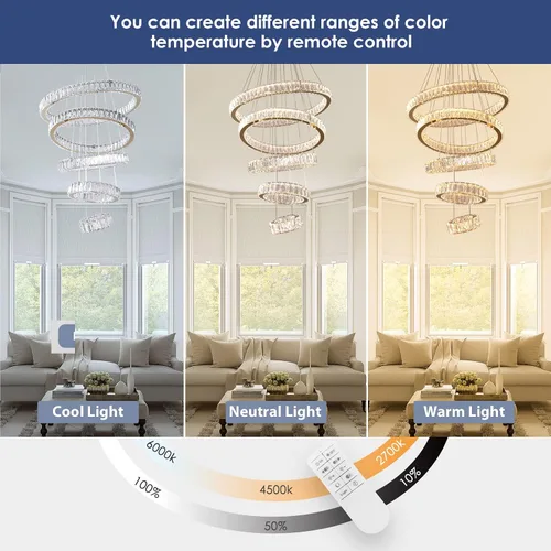 Miniatura 6 de Lámpara candelabro LED de cristal grande, moderna de 5 anillos, luz colgante ajustable para dormitorio, comedor, cocina (blanco cálido).