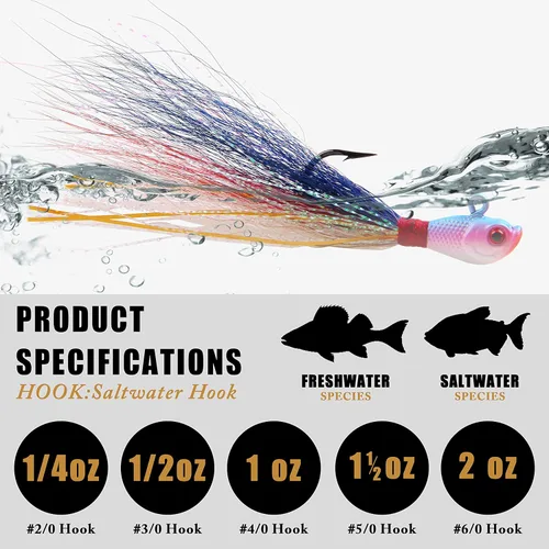 Miniatura 3 de Bucktail Jigs Señuelos de agua salada, 3/5 piezas de jigs de pelo de cola de cubo para la cabeza, señuelos de pesca, kit surtido para lubina