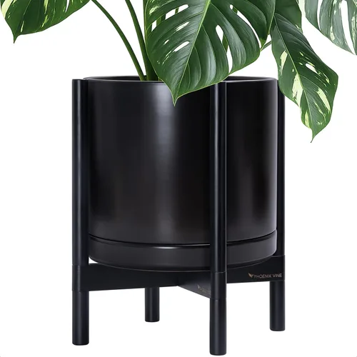 Miniatura 17 de D'vine Dev Maceta de cerámica con soporte de ébano – Maceta redonda moderna de 8 pulgadas con soporte para maceta de madera, color negro, 55-B-M-2