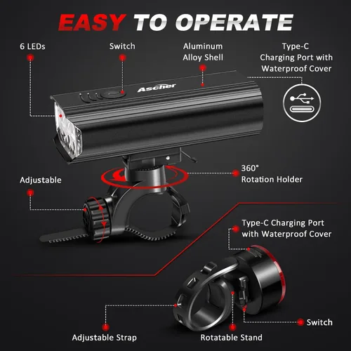 Miniatura 5 de Ascher USB Rechargeable Bike Light Front and Back, Super Bright 1000 Lumens Bicycle Headlight and Compact Tail Light, 4 Light Modes, Large Capacity