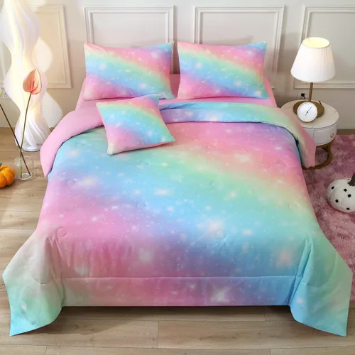 Miniatura 10 de JQinHome Juego de edredón con purpurina tamaño Queen, juego de ropa de cama de 6 piezas en una bolsa, colorido en 3D, rosa y azul, para niñas y Rosa