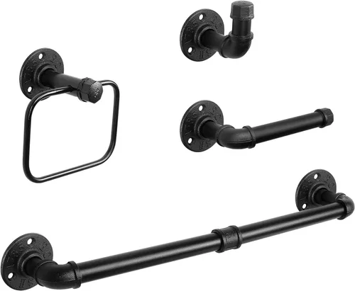 NearMoon Juego de accesorios de baño de tubería industrial de 4 piezas, incluye barra de toalla de 18 pulgadas, anillo de toalla, soporte para papel