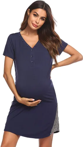 Miniatura 2 de Ekouaer Camisón de lactancia, vestido de hospital de maternidad con botones para lactancia materna, camisón de trabajo con ribete de encaje