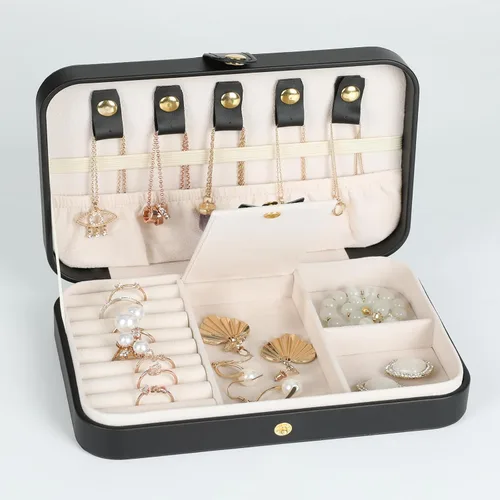 Miniatura 34 de Joyero pequeño, joyero de viaje portátil para mujer, mini organizador de viaje de 2 capas, regalo para mujeres y niñas, negro A