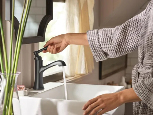 Miniatura 3 de Moen Dartmoor 6803BL - Grifo para lavabo de baño con una sola manija color negro mate con placa opcional Mate negro