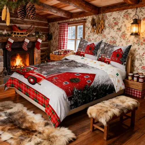 Miniatura 60 de Juego de funda de edredón para niños con diseño de Navidad, tamaño individual, camiones rojos y árboles de pino con copos de nieve, decoración