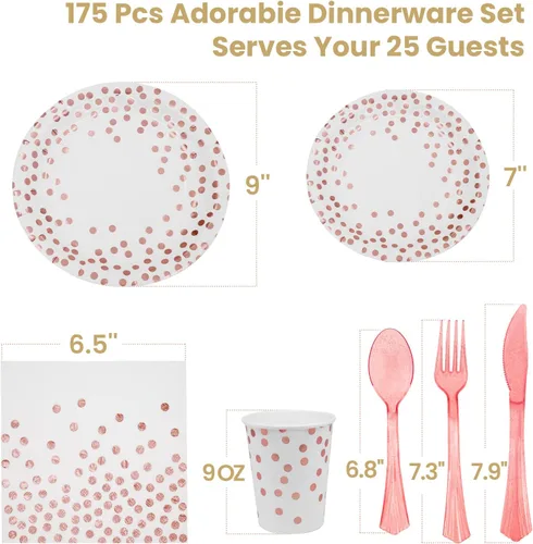 Miniatura 2 de AIRE 175 piezas de platos de papel blancos y dorados para 25 invitados, suministros de fiesta, decoraciones para fiestas, vajilla, platos de papel