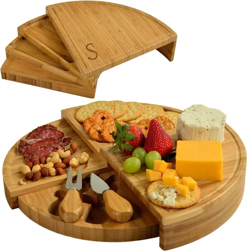 Miniatura 6 de Tabla Picnic at Ascot de bambú, para aperitivos, con herramientas para queso, espirales de una cuña compacta de 13 pulgadas de diámetro, patentado