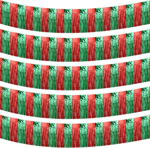 5 piezas de decoración de flotador de desfile de Navidad, flecos de papel de aluminio de Navidad, faldas de mesa rojas y verdes, pancarta de 20 pies