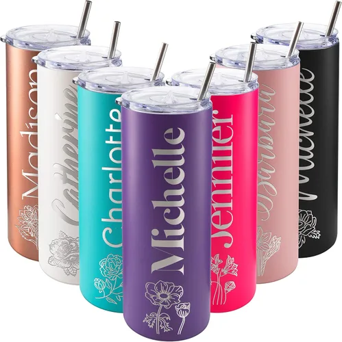 Vaso delgado personalizado, pajilla, tapa y cepillo incluidos, 20 onzas, morado, regalos personalizados para mujeres, regalo para mamá, vaso delgado