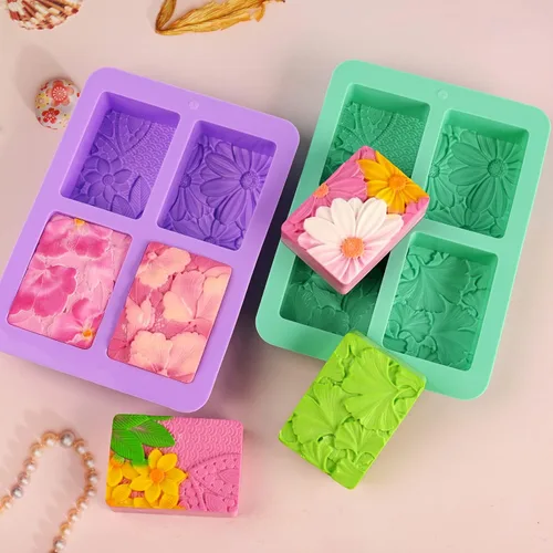 Miniatura 5 de HUAKENER Paquete de 2 moldes de silicona para jabón, molde rectangular para hacer jabón, moldes de silicona con patrón de flores rectangulares 3D
