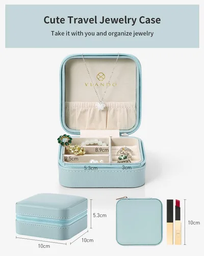 Miniatura 4 de Vlando Pequeña caja de joyería pequeña, caja de almacenamiento de joyas de viaje de piel sintética, aretes, anillos, collares, el mejor regalo
