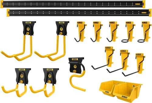 DEWALT Organizador de herramientas, kit de inicio de 21 piezas con accesorios, incluye 2 rieles de metal, 13 ganchos y 2 contenedores de plástico,