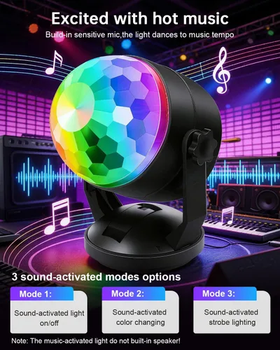 Miniatura 5 de Luditek Luces de fiesta de bola de discoteca activadas por sonido, alimentadas por batería, portátil, luces estroboscópicas de baile de karaoke
