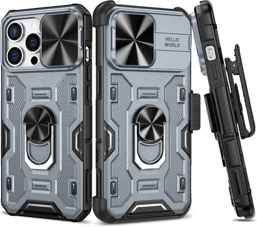 Miniatura 14 de VEGO Funda para iPhone 13 y iPhone 14 con soporte de clip para cinturón, cubierta deslizante para cámara y soporte magnético giratorio de 360°
