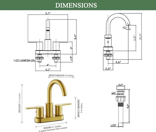 Miniatura 6 de TimeArrow Grifo de Lavabo de Baño Centerset de 2 Manijas en Oro Cepillado con Ensamble de Desagüe, Grifo de Lavatorio de Tocador de Baño Moderno