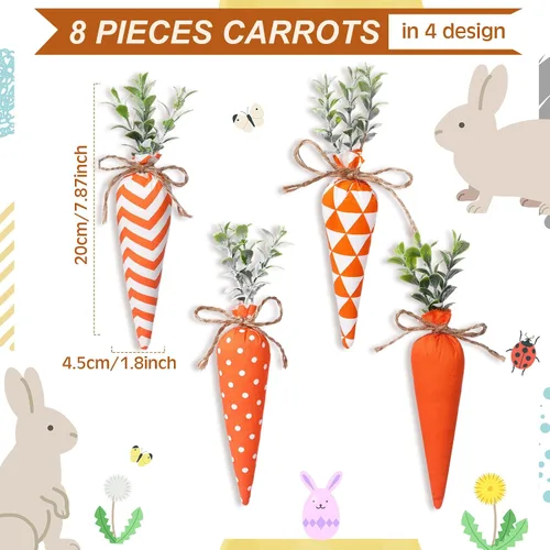Miniatura 2 de Skylety Decoraciones de zanahoria de Pascua, paquete de 8 unidades, zanahorias artificiales de tela, no tejidas para rellenos de cestas de Pascua