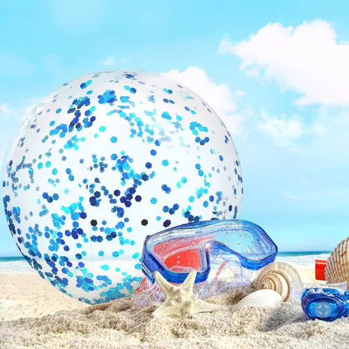 Miniatura 7 de Civaner 10 bolas inflables de playa con purpurina de 16 pulgadas, bola grande de confeti brillante para piscina, globo inflable transparente, Azul