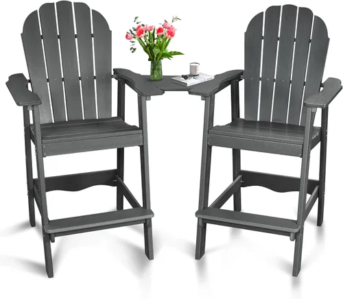 FRUITEAM Juego de 2 sillas altas Adirondack con bandeja de conexión, sillas de terraza resistentes a la intemperie para exteriores, juego de balcón