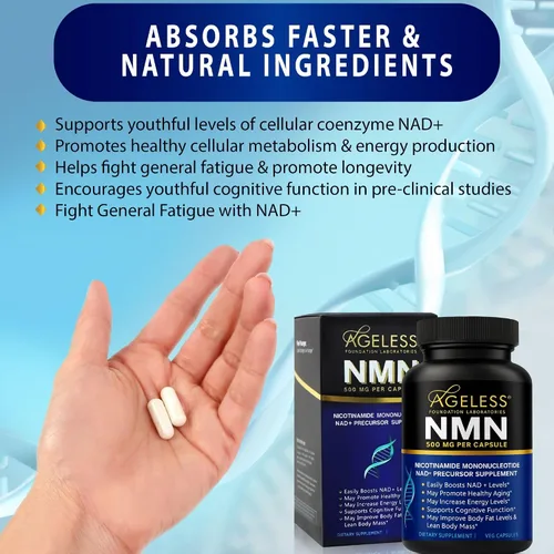 Miniatura 7 de Suplemento NMN de 500 mg, mononucleótido de nicotinamida 99% puro, aumenta los niveles de NAD+, apoya la energía, masa corporal magra