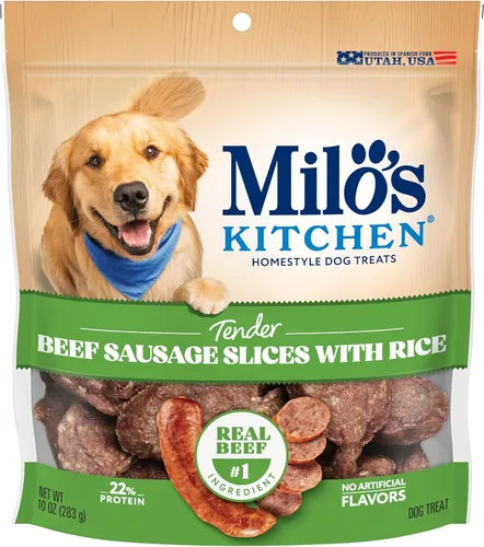 Milo's Kitchen Homestyle - Golosinas para perros, rebanadas de salchicha de res, 10 onzas, altas en proteínas, sin sabores artificiales
