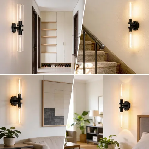 Miniatura 8 de Juego de 2 apliques de pared, lámparas de baño cableadas, iluminación de pared moderna para tocador de baño con pantalla de vidrio transparente