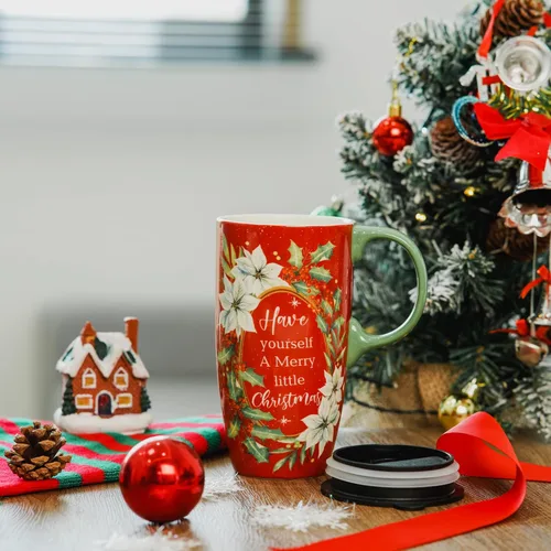 Miniatura 9 de Topadorn Taza de café de cerámica de 17 onzas con tapa y caja de regalo, taza de té de porcelana roja festiva, apta para microondas y lavavajillas