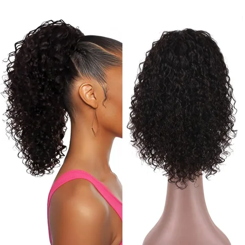 Miniatura 8 de Extensión de cola de caballo de cabello humano de 12 pulgadas con cordón rizado profundo para mujeres negras, extensión rizada 3C, color negro