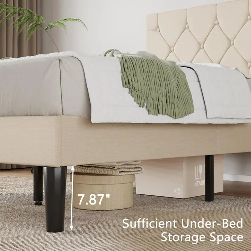 Miniatura 6 de VECELO Base de cama tamaño individual con cabecera capitoné con botones, base de cama tapizada con soporte de listones de madera, no necesita Beige