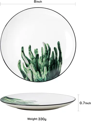 Miniatura 4 de Juego de 6 platos de porcelana de 8 pulgadas con patrón de plantas, vajilla de cerámica blanca para carne, almuerzo, ensalada, postre, servir pan